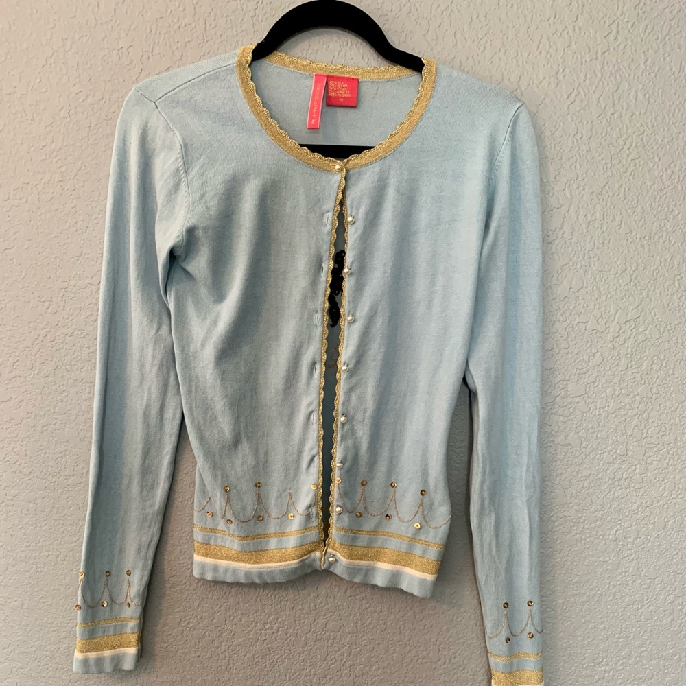 Charlotte Tarantola Light Blue With Black Poodle Cardigan- Small